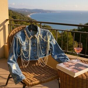 Embellished Denim Jacket with Rhinestones & Pearls